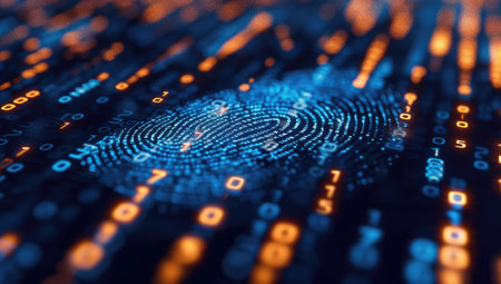 Glowing Digital Fingerprint Amidst Binary Data Streamの素材