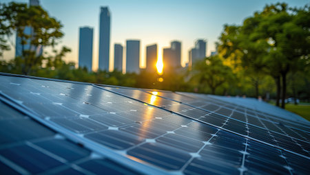 Solar energy panels installed on the roof of the building in the cityの素材