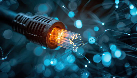 Fiber optical network cable close up with bokeh backgroundの素材