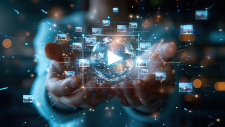 Businessman interacting with futuristic digital interfaceの素材