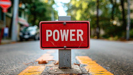 Red street sign indicating powerの素材