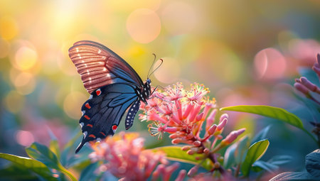 Butterfly feeding on flower during sunsetの素材