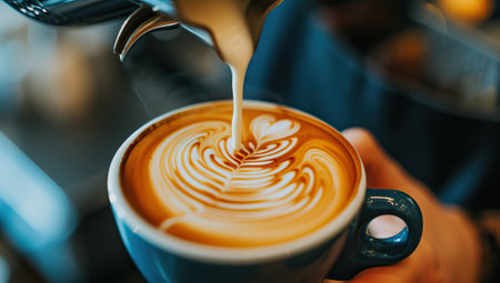 Barista creating latte art in coffeeの素材