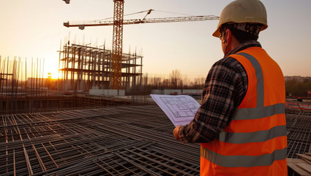 Engineer reviewing blueprint on construction site at sunsetの素材