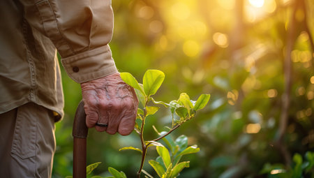 Elderly hand grips walking stick amidst lush green garden at sunsetの素材