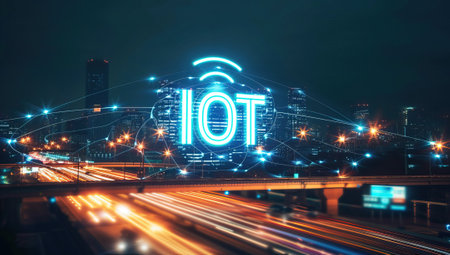 Glowing neon IOT hologram over highway with motion blur background, internet of things conceptの素材