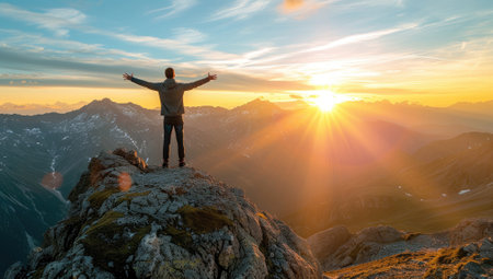Man celebrating victory on mountain peak at sunriseの素材