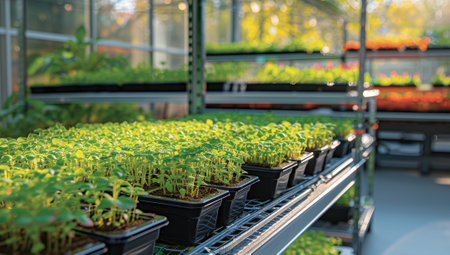 Green seedlings in plastic pots on a shelf in a greenhouse.の素材