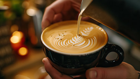Barista pouring milk into a cup of latte art coffee.の素材