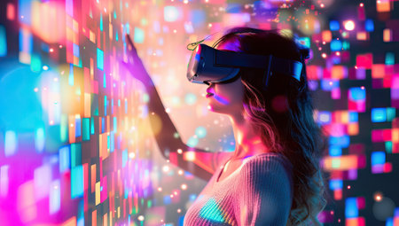 Beautiful young woman using virtual reality headset. Future technology concept.の素材