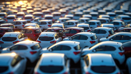 Vast parking lot filled with white cars at sunsetの素材
