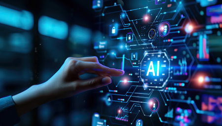 Hand interacting with futuristic AI interfaceの素材