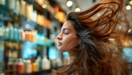 Close-up portrait of a beautiful young woman with long brown hair blowing in the wind.の素材