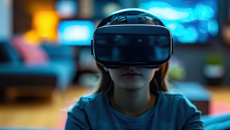 Girl experiencing virtual reality at homeの素材