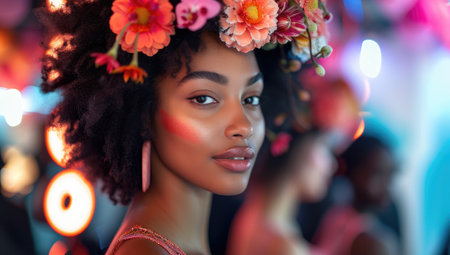 Portrait of beautiful african american woman with flowers in hairの素材