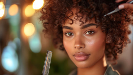 african american woman with curly hair in a beauty salonの素材