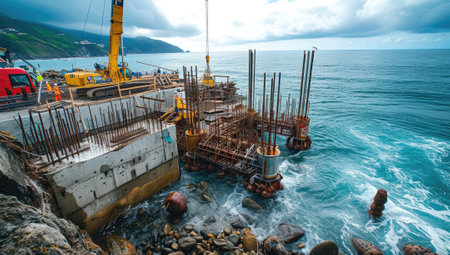 Seashore construction site with workers and machineryの素材