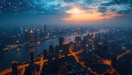 skyline at night with digital connection linesの素材