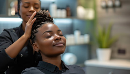 African American hairstylist adjusting client braids in salonの素材