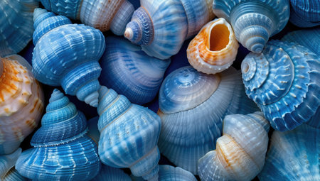 Blue seashells background. Colorful seashells background.の素材