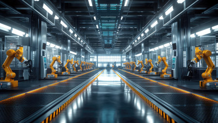 Robotic arms working on assembly line in modern factoryの素材