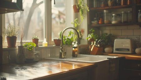 Kitchen interior with sink and faucet in sunny day.の素材