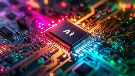 AI chip illuminating a colorful circuit boardの素材