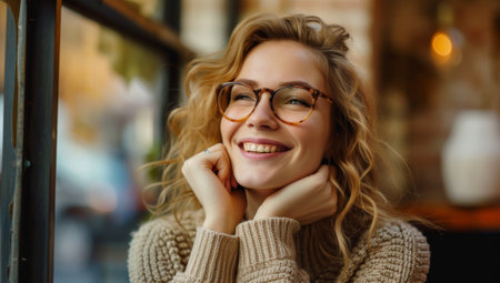 Young woman with curly hair in a cozy sweater at a cafeの素材