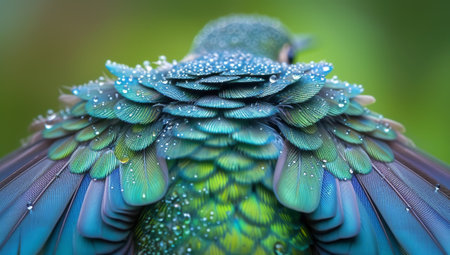 Close up shot of a colorful bird with water drops on its wingsの素材