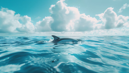 Dolphin leaping in bright blue ocean under white cloudsの素材