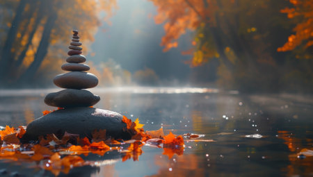 Zen stones stacked by a misty lake surrounded by autumn leavesの素材