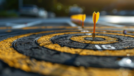 Dart hits bullseye on outdoor targetの素材