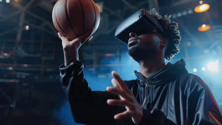 African american man in virtual reality headset playing basketballの素材