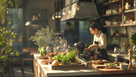 Restaurant staff preparing a meal in the morningの素材
