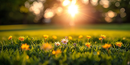 Beautiful spring flowers in the garden with sunlight and bokehの素材