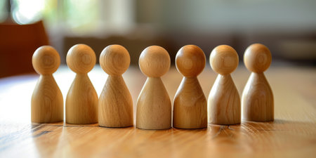 Group of wooden people standing in a row on a wooden table.の素材
