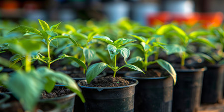 Pepper seedlings thrive in greenhouse pots with selective focusの素材