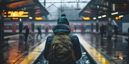 Traveler with backpack waiting for train at railway stationの素材