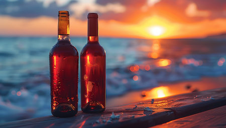 Two bottles of wine on the background of the sea and sunset.の素材