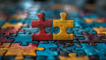 Colorful jigsaw puzzle pieces on wooden background. Close up.の素材