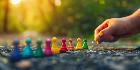 Child placing yellow game pawn on outdoor pathの素材