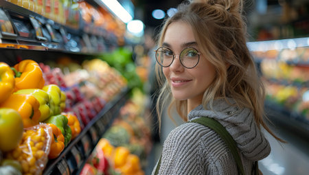 Young woman shopping for fresh produce in a supermarketの素材