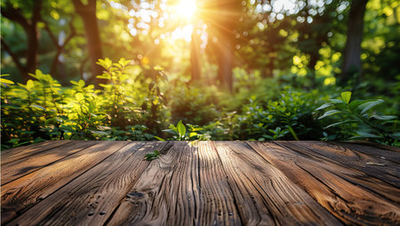 Wooden table in the forest with sunbeams and lens flareの素材