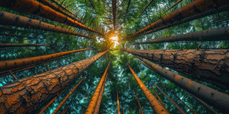 Sunlight pierces through tall pine trees in a dense forestの素材