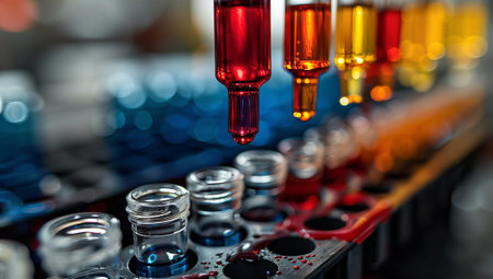 Close up view of colorful test tubes in a laboratoryの素材