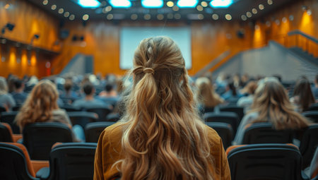 Rear view of woman sitting in front of audience in conference hallの素材