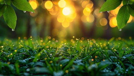 Morning dew on green grass with bokeh light background.の素材