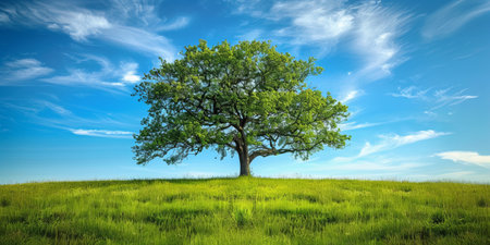 A lone tree stands tall amidst vibrant green grass under a bright blue skyの素材