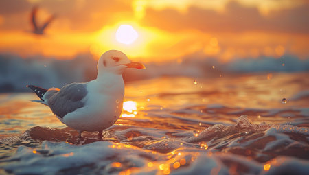 Seagull stands amidst gentle waves as the sun sets painting a serene seascape.の素材