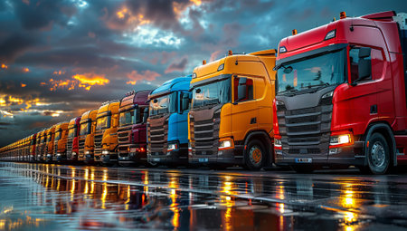 Group of trucks in a row on a wet road at sunset.の素材